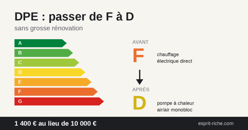 DPE F vers D : etiquette energetique avant et apres changement de chauffage