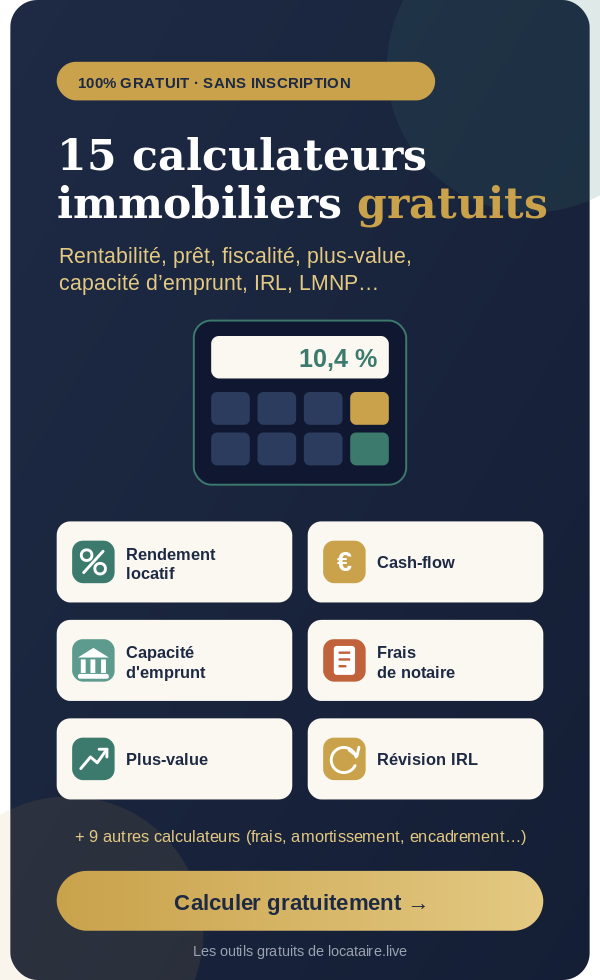 15 calculateurs immobiliers gratuits de locataire.live : rendement, cash-flow, capacité d'emprunt, frais de notaire, plus-value, IRL