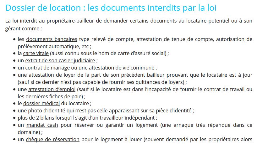 Pièces justificatives non autorisées dans les dossiers de location