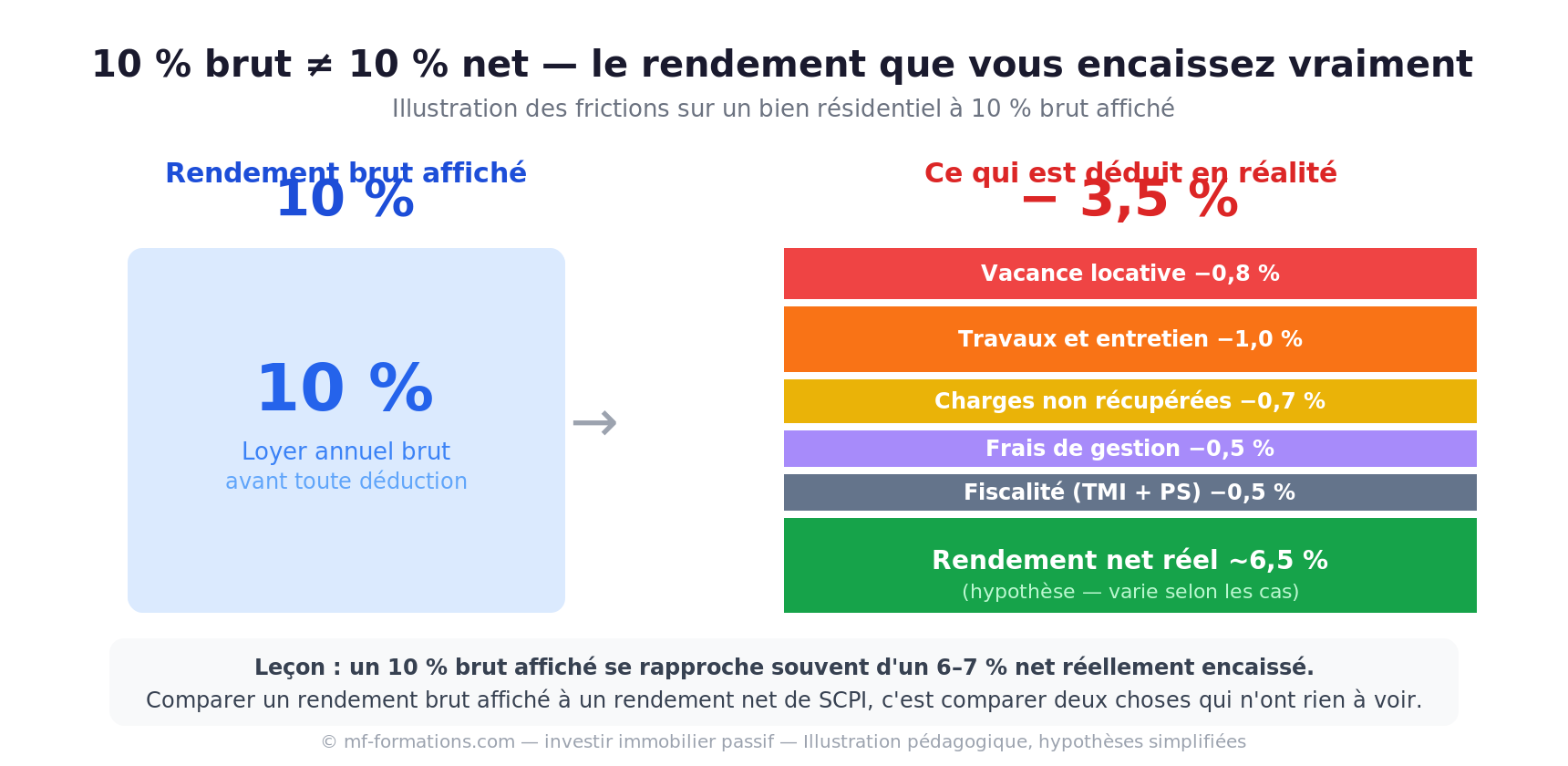 10 % brut ≠ 10 % net, rendement immobilier passif Investir dans l'immobilier passif : comparaison rendement brut et net, vacance, travaux, charges et fiscalité réduisent le 10 % brut à 6,5 % net
