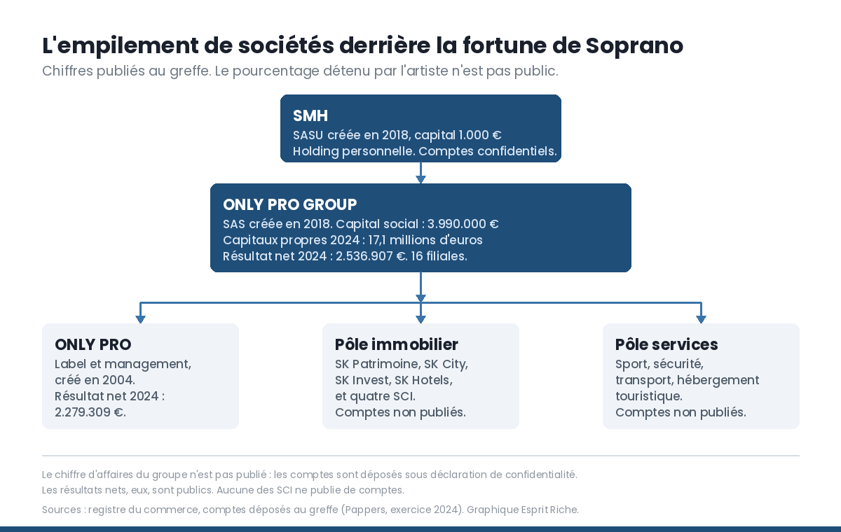 Organigramme des societes et soprano fortune, holding SMH et Only Pro Group
